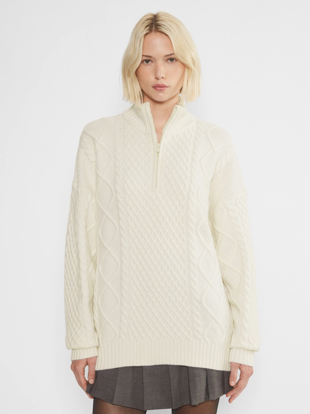 Aritzia Sunday Best Cable-Knit Peggy Turtleneck Wool Quarter-Zip Sweater - Cream
